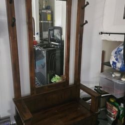 Solid Wooden Mirrored Coat Rack With Railroad Spike Hangers &  Bench