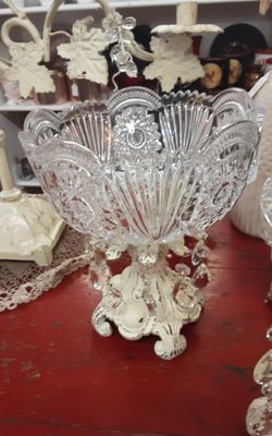 Vintage Hollywood Regency Compote Crystal Bowl with metal base- Located in Shelton