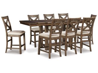 Moriville Grayish Brown Counter Height Extension Table & 8 Barstools