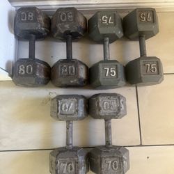 Pairs of 80,75 and 70 dumbbells weights 450lbs total if u want a pair separate they are in the description