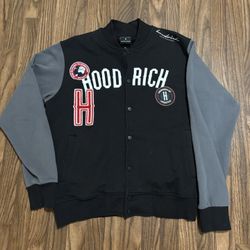 HOOD RICH * Pacific Black Fleece Button Up Varsity Jacket * Medium 