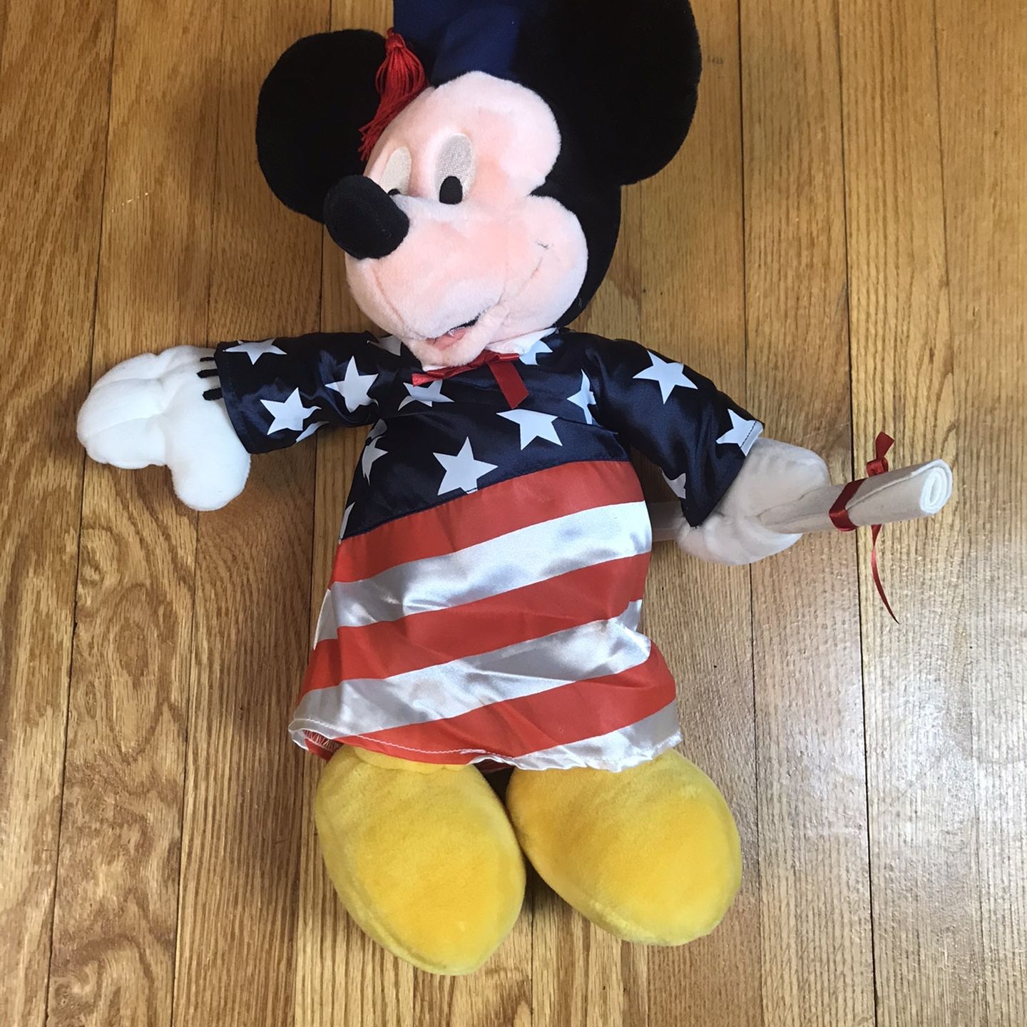 Disney Store, Graduation Mickey Mouse, 2003 American Flag Gown, Plush w/ diploma Pre-owned