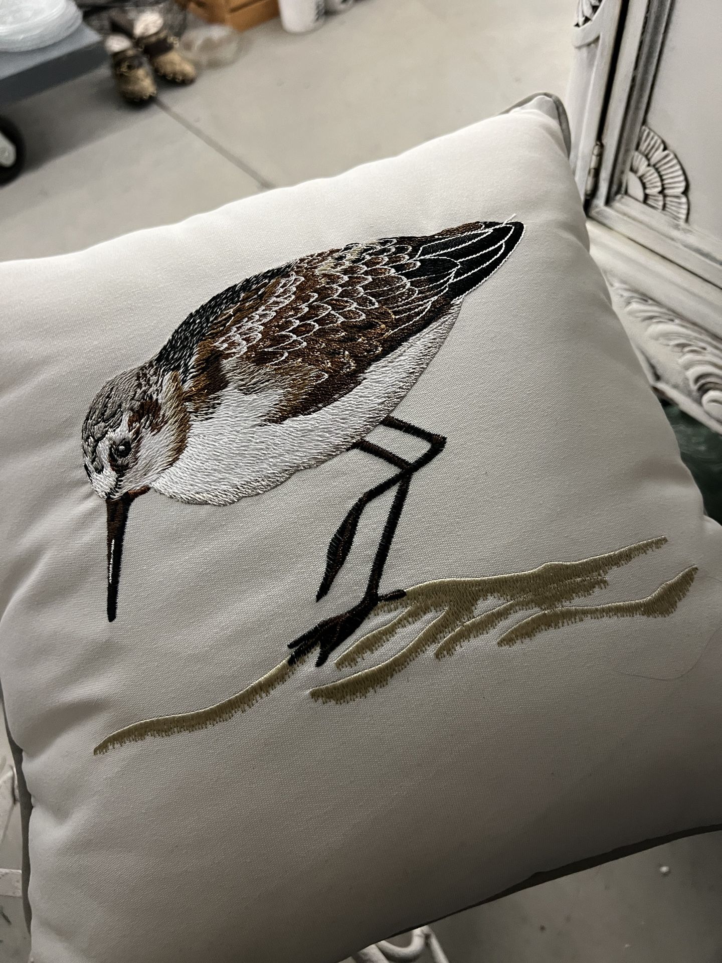 Heavy Embroidered Sandpiper Pillow, Beach Interiors