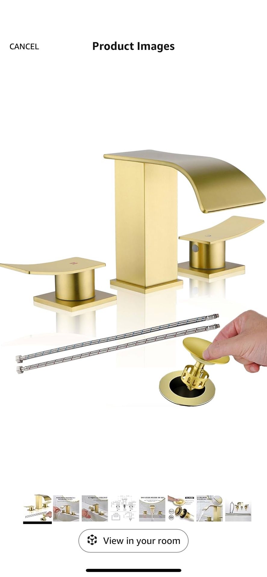 Gold Waterfall Bathroom Faucet 3 Holes, 8 inch Widespre Two Handles