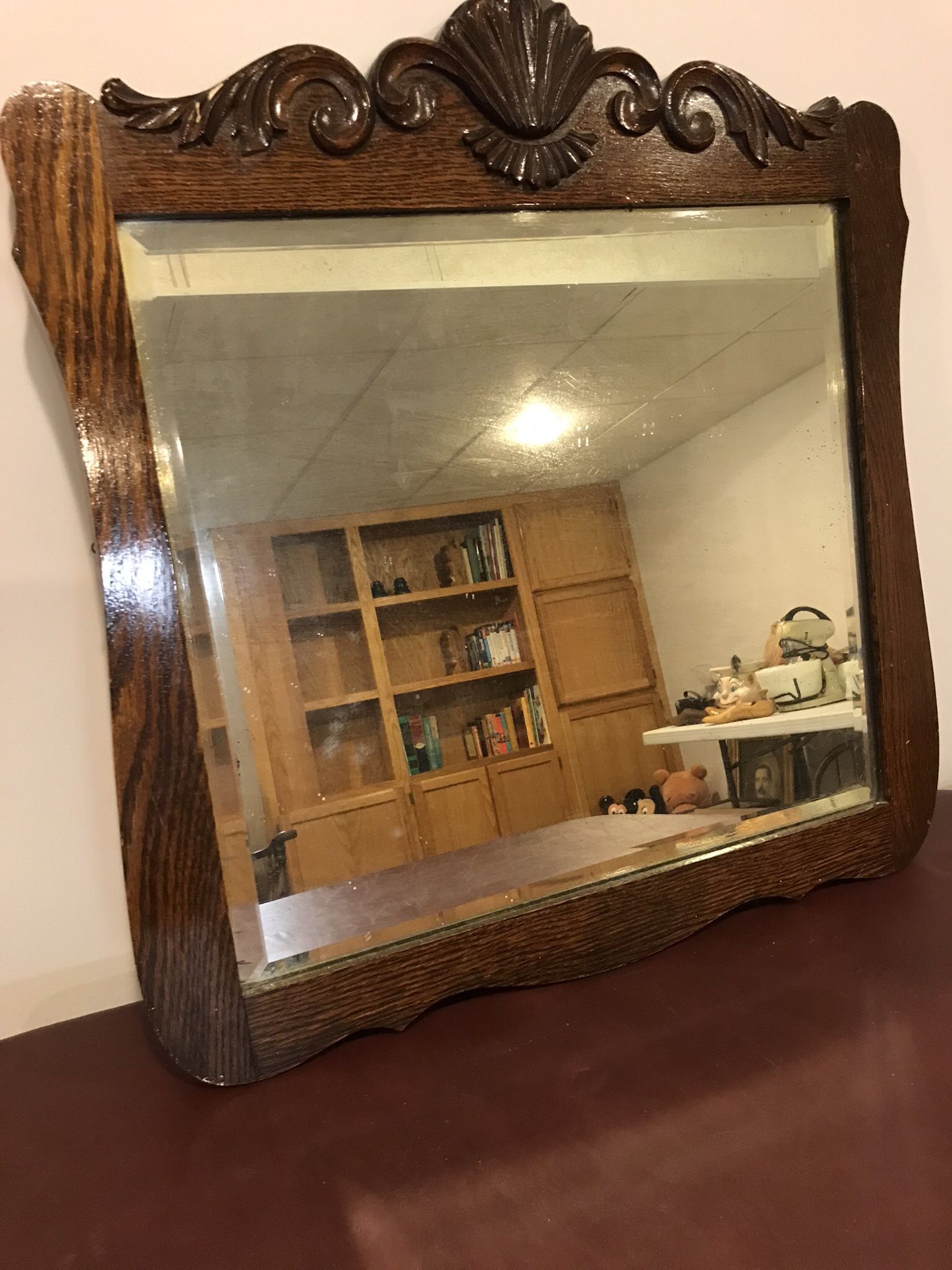 Antique Oak Mirror with Beveled Glass