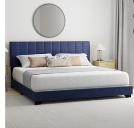 Reece Channel Stitched Upholstered King Bed, Sapphire Blue, by Hillsdale Living Essentials