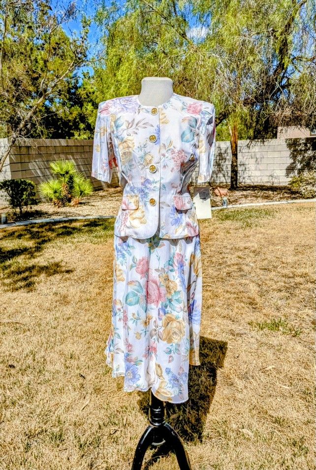 Vintage Stuart Alan Petites 6p Floral Pastel Peplum 2-pc USA made Skirt Set NOS