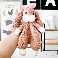 Crochet Bunny Snuggler Lovey Plushie Stuffed Animal Easter Basket Stuffer 
