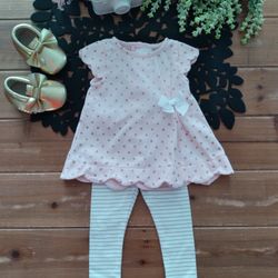 3-6MOS 2-PIECE SET LIGHT PINK & GOLD POLKA-DOT TUNIC W/WHITE & GOLD STRIPED LEGGINGS 
