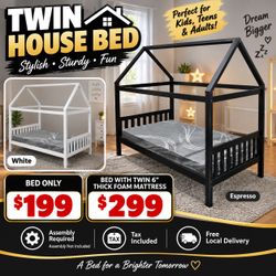 Twin house  bed. Available in white & espresso. Assembly required. Assembly not included. Tax included. Free local delivery.  Bed only-$199 Bed  with 