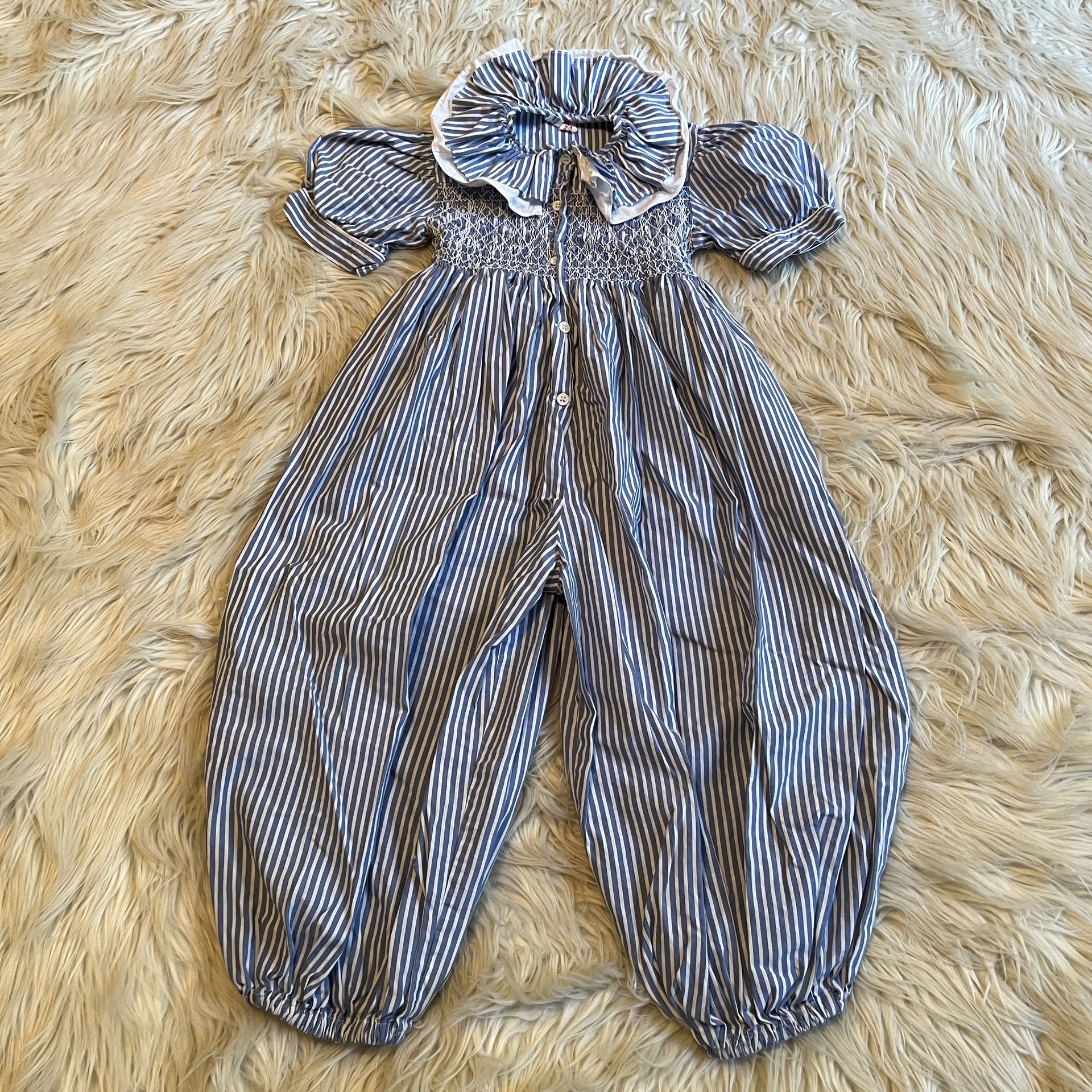 Vintage 80s Hickory Striped Romper Playsuit Ruffle Smocked Balloon Pants Girls 5