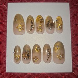 Press-On Nails | Long Oval | Gold Glitter Cateye w/ Gold Paint Accents & Bling (#11)