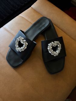 Black Slide Sandals with Crystal Heart Embellishment