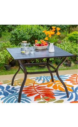 NAME: Patio Dining Table (38 x 38 Inch) Patio Table for 4, Metal Outdoor Dining Table with E-Coating, Square Steel Slated Outdoor Table with 1.57" Umb