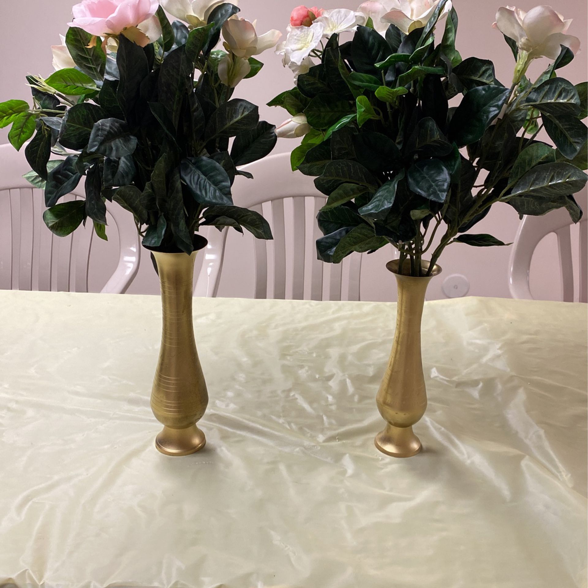 Two Gold Finish Metal Flower Vase With Free Flowers 