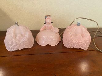 Vintage pink lady dresser lamp with two shades
