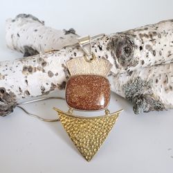 Vintage Sterling Silver Two Tone Goldstone Gemstone Pendant/Necklace