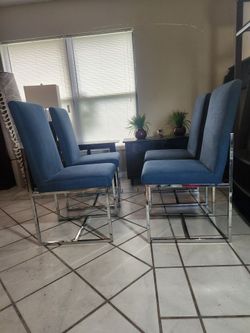 Modern Set of 4 Blue Textured Upholstered Dining Chairs with Sleek Chrome Frames