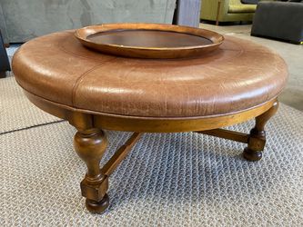 Brown Round Ottoman w/ Honey Wood Base & Removable Tray
