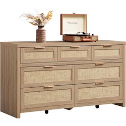 7 Drawer Dresser for Bedroom, 57" Wide Rattan Dressers, Large Chest of Drawers for Bedroom, Dresser