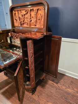 Vintage Hand-Carved Camphor Wood Asian Dry Bar Cabinet - Elaborate Relief Carvin