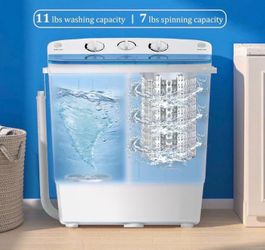 Mini Twin Tub 18lbs Washing Machine with Drying Rack, 11 lbs Washer Mini Compact Laundry Machine and 7 lbs Spinner, Convenient and Eff