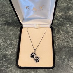 Kay Jewelers Black Onyx & Diamond Paw Prints 1/10ct Sterling Silver 18” Necklace