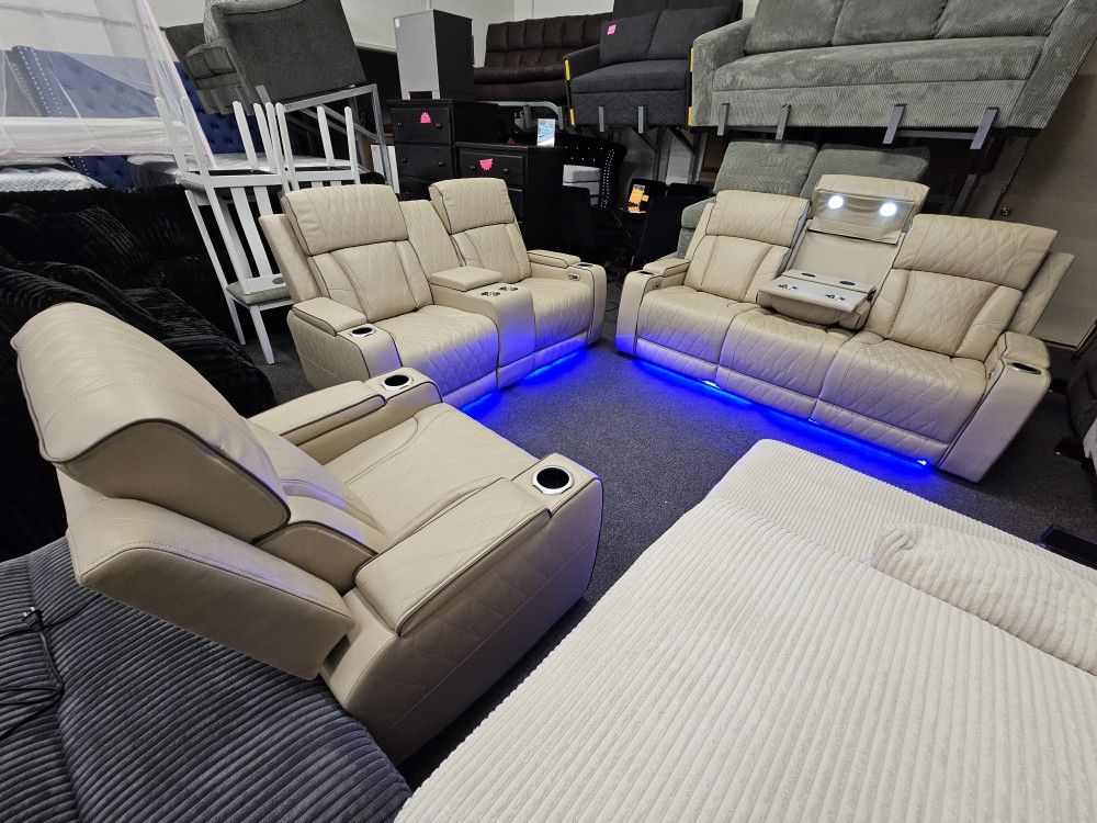 Brand New 3 Pcs Power Recliners Cream Faux Leather $1899
