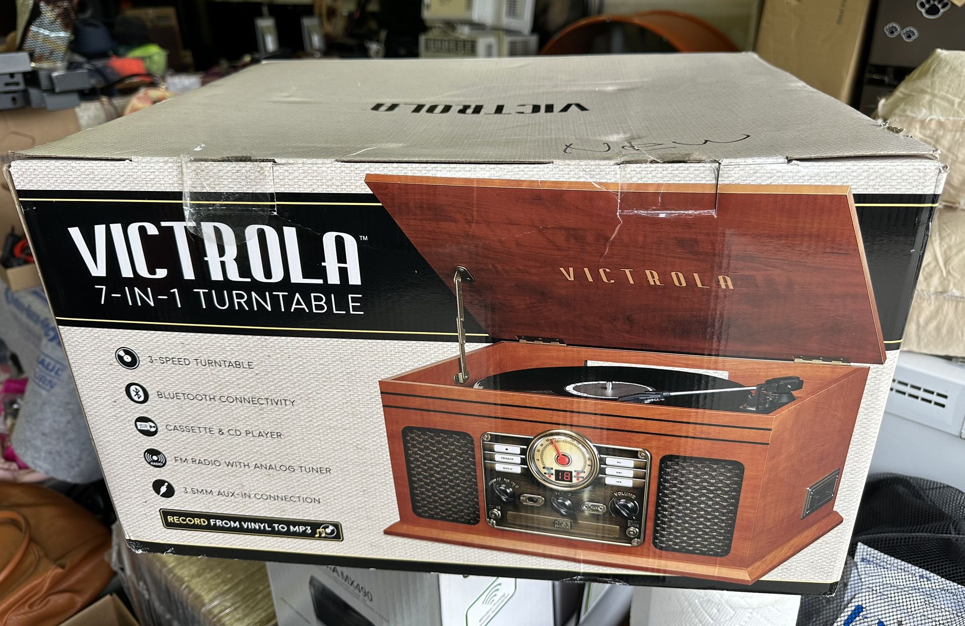 Victrola's 7-in-1 Sherwood Bluetooth Recordable Record Player with 3-Speed Turntable, CD, Cassette Player and FM Radio