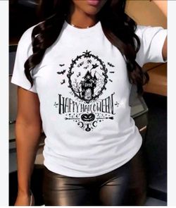 White Happy Halloween Haunted House Graphic T-Shirt Small Cotton Short Sleeve