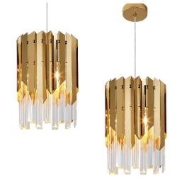 Set Of 2 Modern Crystal Gold Pendant Light Fixtures for Kitchen Island Luxury Gold Chandelier Perfect for Dining Room, Bedroom, Kitchen, Living Room