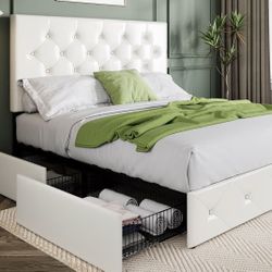 White Leather 4 Drawer Queen Side Bed Frame