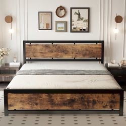 Brand New King Bed Frame with Headboard and Footboard, Metal Strong Supports, Easy Assembly, Noise-Free, No Box Spring Needed, Vintage Brown
