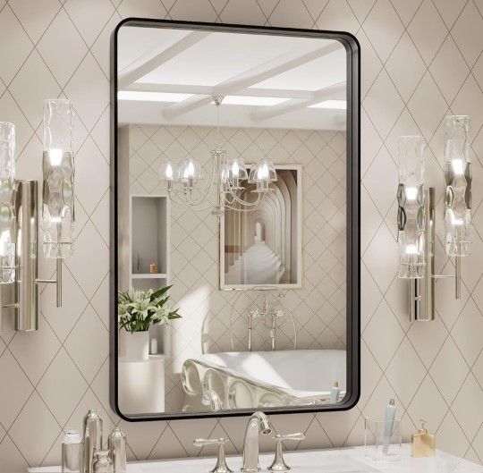 24X30 Inch Black Metal Framed Bathroom Mirror