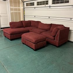 Red Microfiber Sectional Sofa w/ Studded Trim + Ottoman