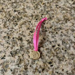 1993 Mattel Barbie Gymnast Faux Gold Metal Award Necklace Pink Ribbon #12127 HTF