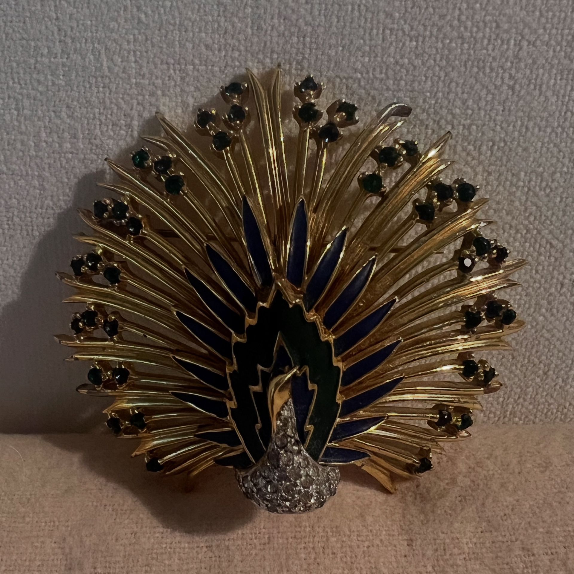Vintage Jomaz Gold-tone Blue Green Rhinestone And Enamel Peacock Brooch Signed
