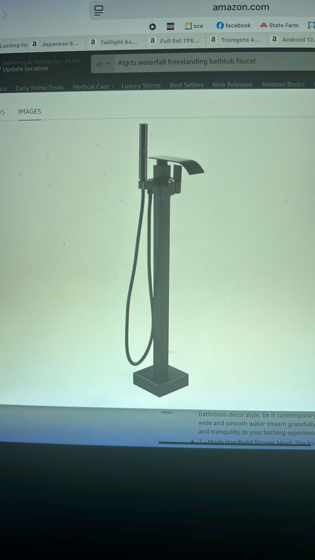 NEW Waterfall Freestanding Bathtub Faucet. Floor Mount Bathroom Tub Filler Shower Faucets w/Handheld Sprayer, Matte Black