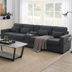 114.2 Upholstered Sofa with Console, 2 Cupholders and 2 USB Ports Wired or Wirelessly Charged, Modern Linen Fabric Couches with