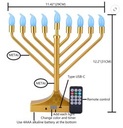 RGB LED Menorah for Chanukah Hanukkah Decorations,Gold