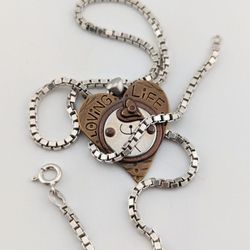 "LOVING LIFE" Heart Pendant Box Link Necklace in 925 Sterling Silver 18"
