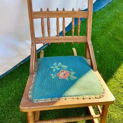 Antique Victorian Rocking Chair Needlepoint Rose