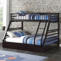 Brand New Espresso XL Twin Over Queen Bunk Bed w Trundle Drawers 