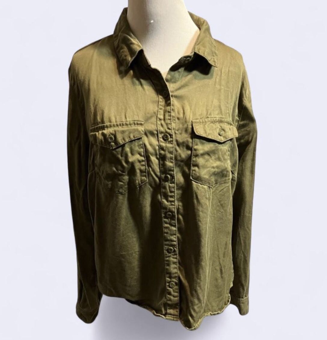 Iris Women’s Blouse Bottom Up Long Sleeve Pocket Green SZ L