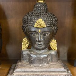Very Old Hand Carved Wooden Buddha Bust On Wooden Base Gold Gilded  Trim