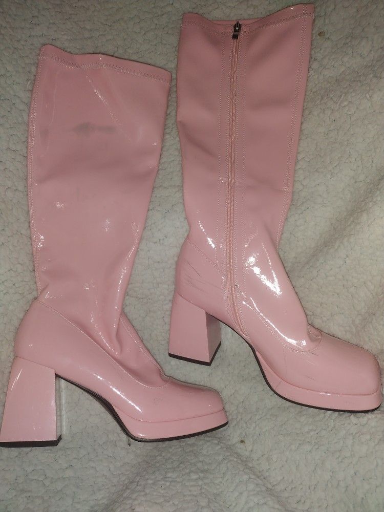 JEDKARAR Go-go Boots For Women With Square Toe Side Zipper And Chunky Heel Design Pink