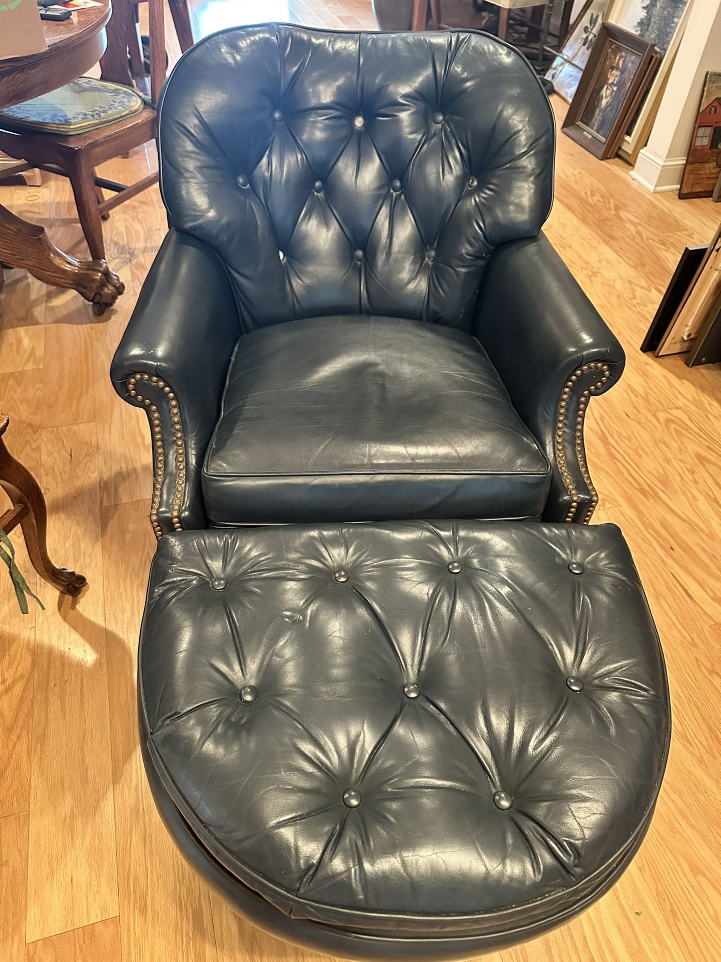 Blue Leather Chair Ottoman