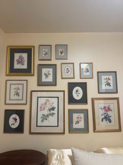 Vintage framed flower paintings gallery wall