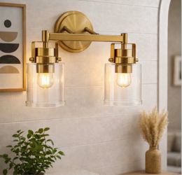 Brand New 2-Light Gold Brass Bathroom Vanity Light – Clear Glass