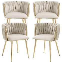 New in box Velvet Dining Chairs Set of 4,Modern Woven Upholstered Dining Chairs with Gold Metal Legs